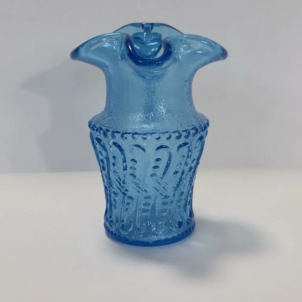 Pitcher Jug Kanawha Ice Colonial Blue Glass Mini UV Raised Loop Swirl Dots Wavy